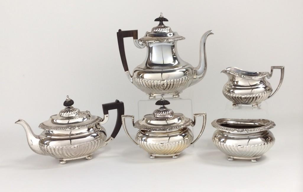 5 Pcs Reed and Barton Sulgrave Manor Tea Service: 5-3/4" to 9-3/4" wide X 3-1/2" to 8-1/2" high. DM IMPORTANT: Before bidding, please read the terms and conditions. When you registered for the auction you agreed to these terms and will be required to