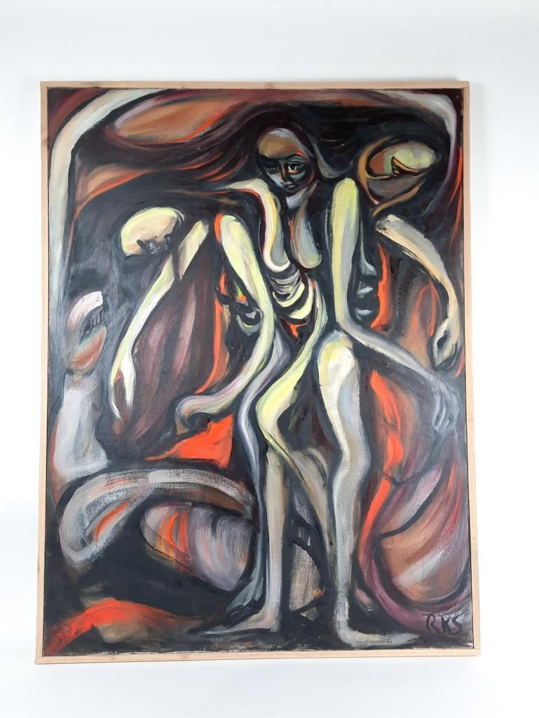 Ruth Slutsky Abstract Figural Painting: Slutsky born in Philadelphia, PA in 1929. Graduate of Temple University. Overall with frame 49" high x 37" wide. LR IMPORTANT: Before bidding, please read the terms and conditions. When you registered