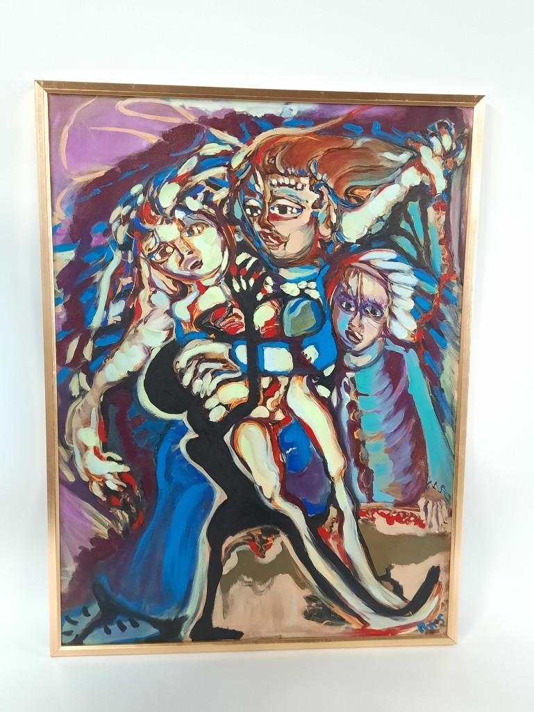 Ruth Slutsky Multi-figure Abstract Painting: Slutsky born in Philadelphia, PA in 1929. Graduate of Temple University. Overall with frame 41-1/4" high x 31-1/4" wide. LR IMPORTANT: Before bidding, please read the terms and conditions. When you 