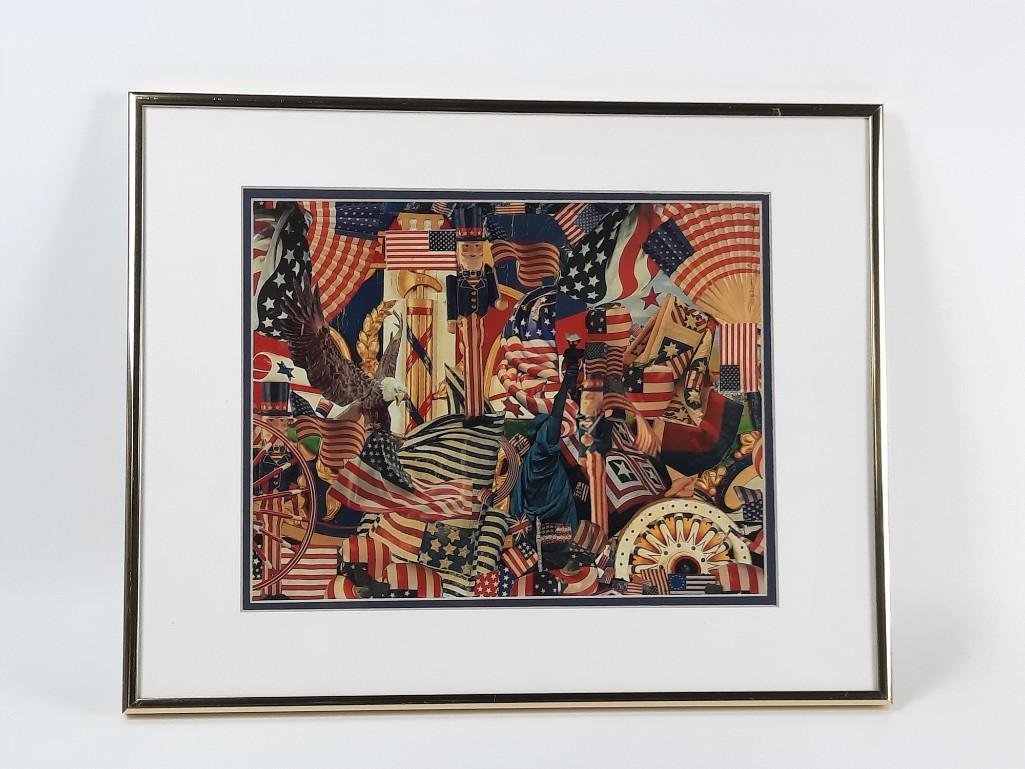 Stephen A. Homovich Patriotic Collage: Overall with frame 16-1/4" high x 20-1/2" wide. LR IMPORTANT: Before bidding, please read the terms and conditions. When you registered for the auction you agreed to these terms and will be required t