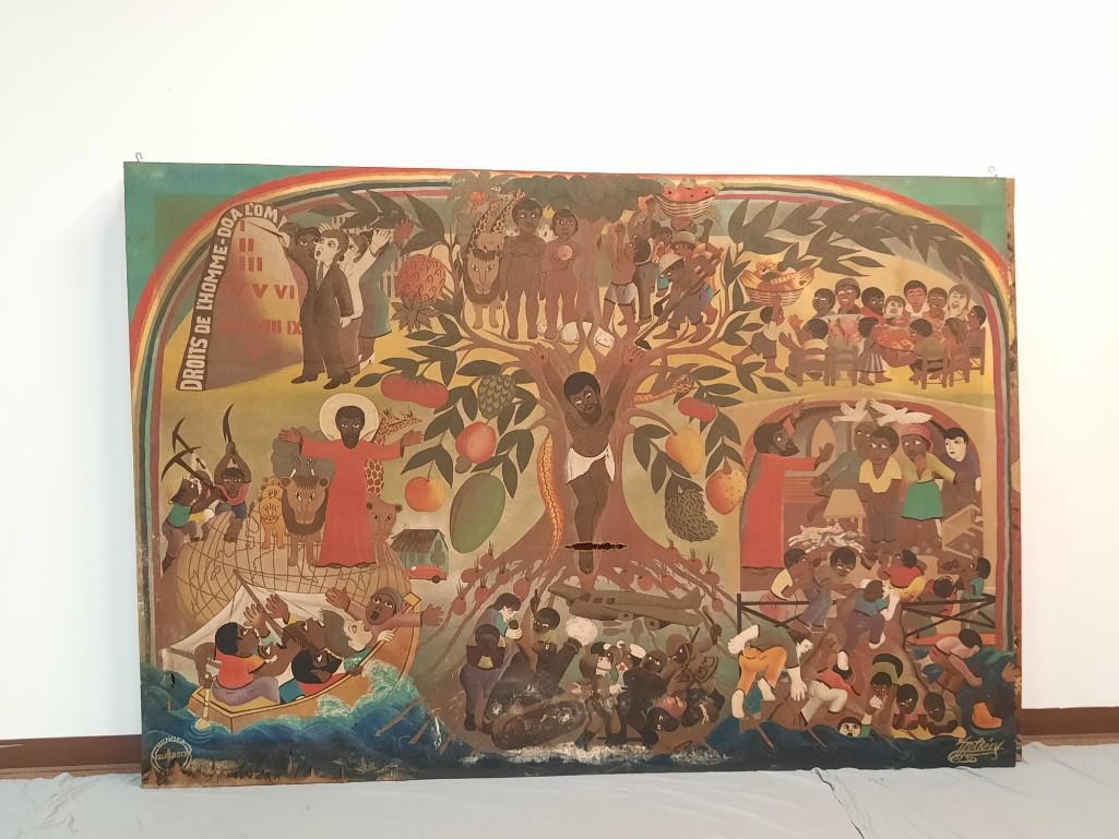 Jacques-Richard Chery 6' x 8' Misereor-Hungertuch Screenprint: Jacques-Richard Chery (1928 - Cap Haitien). Haitian artist originally a barber. After his works being well received he exhibiting world wide with pieces being reproduced in Time and VOGUE magazine. 70