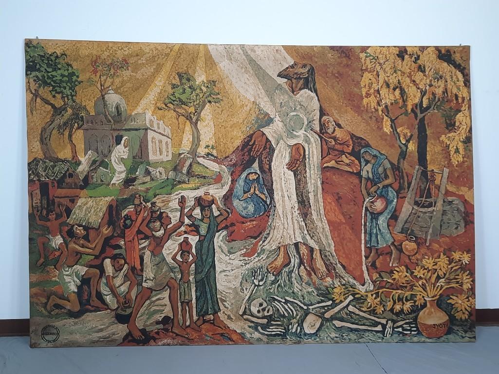 Jyoti 6' x 8' Misereor-Hungertuch Screenprint: 70-1/2" wide x 103" high. Wear and losses around edges. LR IMPORTANT: Before bidding, please read the terms and conditions. When you registered for the auction you agreed to these terms and will be re