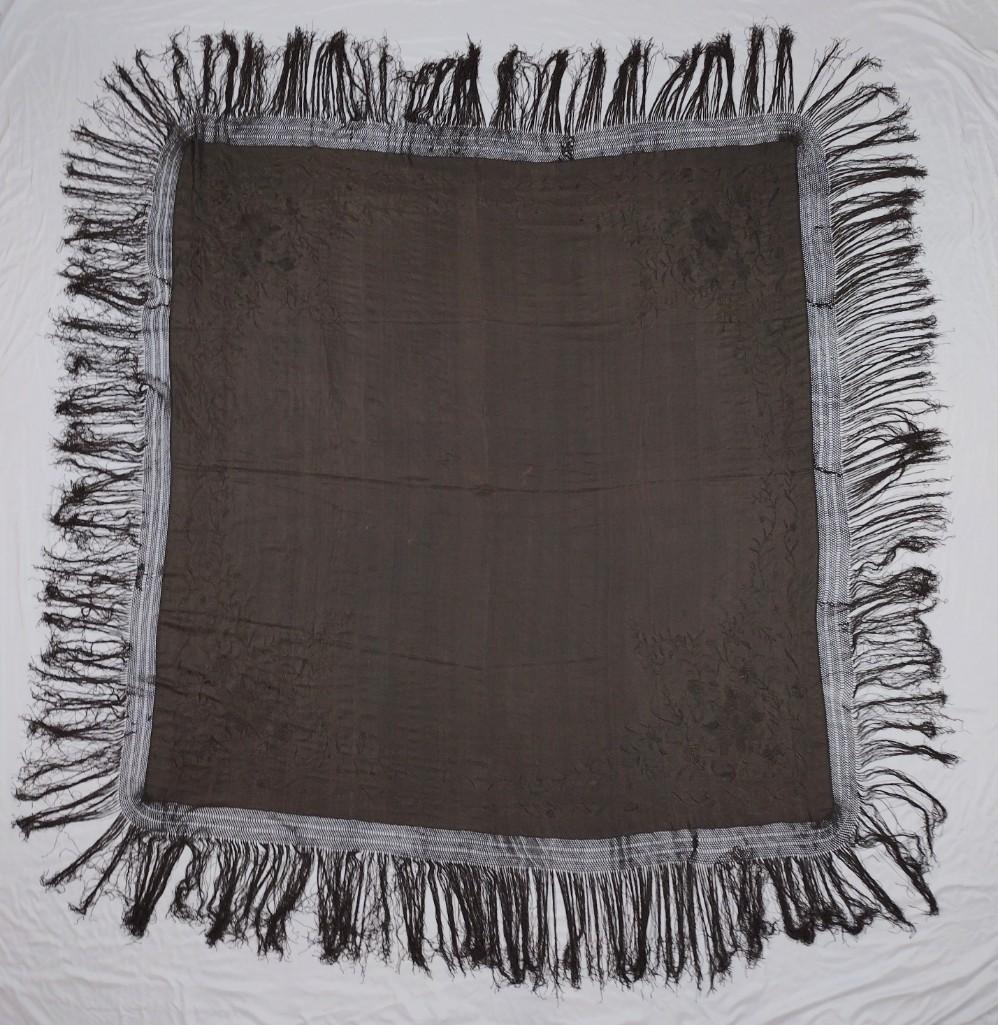Piano Scarf: 60" square without fringe. DM IMPORTANT: Before bidding, please read the terms and conditions. When you registered for the auction you agreed to these terms and will be required to comply with them.