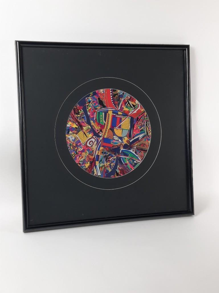 Stephen A. Homovich Tropical Collage: Stephen Homovich (1974-2013)Pottsville, PA artist. This artist had showings in the Reading Museum (PA), Loyola University in Maryland, etc. Dated 1993. Overall with frame 24" high x 24" wide. Some spo