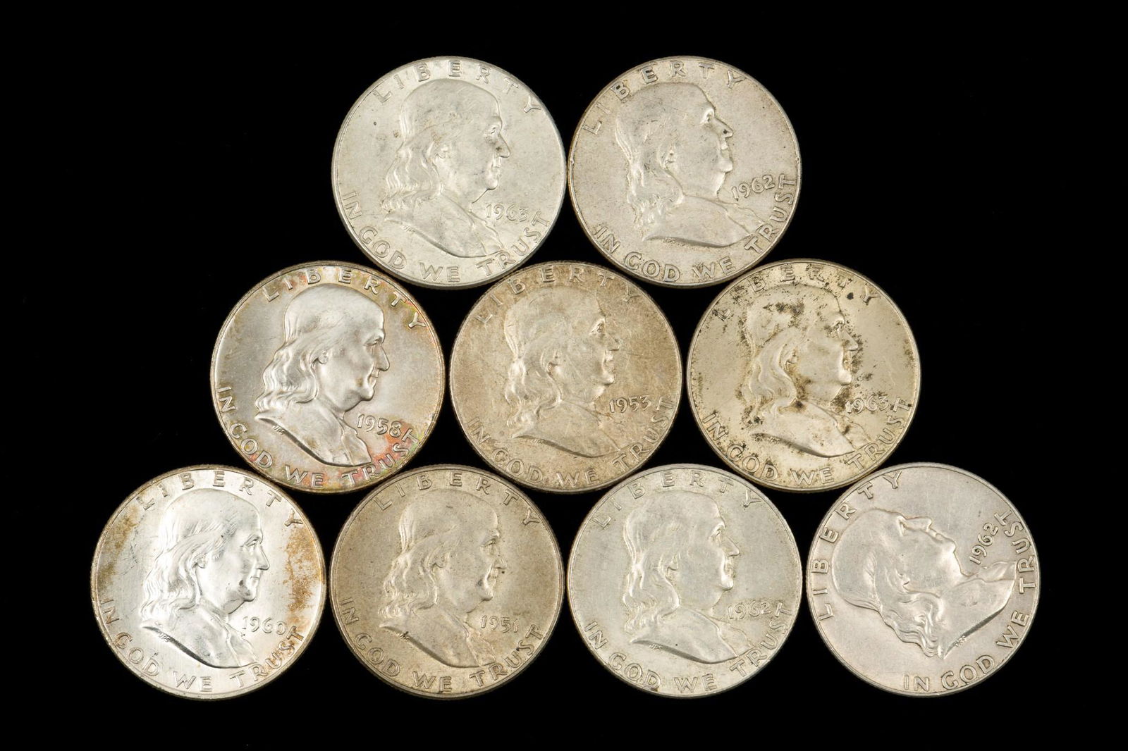 9 Franklin Half Dollars (1951 - 1963) (1 of 2)