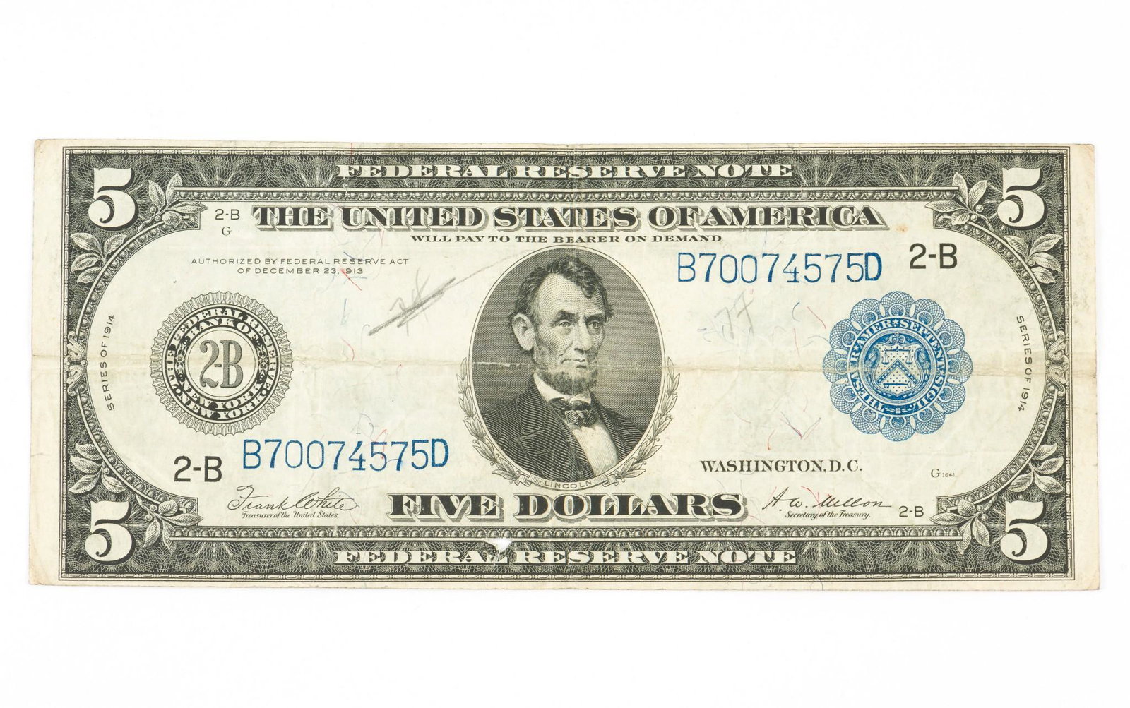 1914 $5.00 Federal Reserve Note: Very good. KE. IMPORTANT: Before bidding, please read the terms and conditions. When you registered for the auction you agreed to these terms and will be required to comply with them.