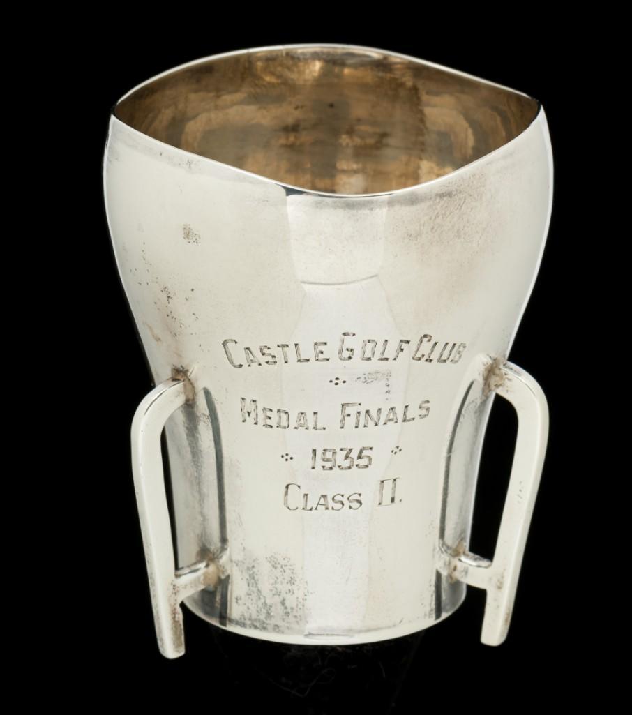 1935 Castle Golf Club Sterling Trophy: Weir & Sons George V Sterling trophy. Weir & Sons of Dublin Ireland. Hallmarked to back, stamped to bottom. Reads "Castle Golf Club, Medal Finals, 1935, Class II" to front. The Castle Golf Club is loc