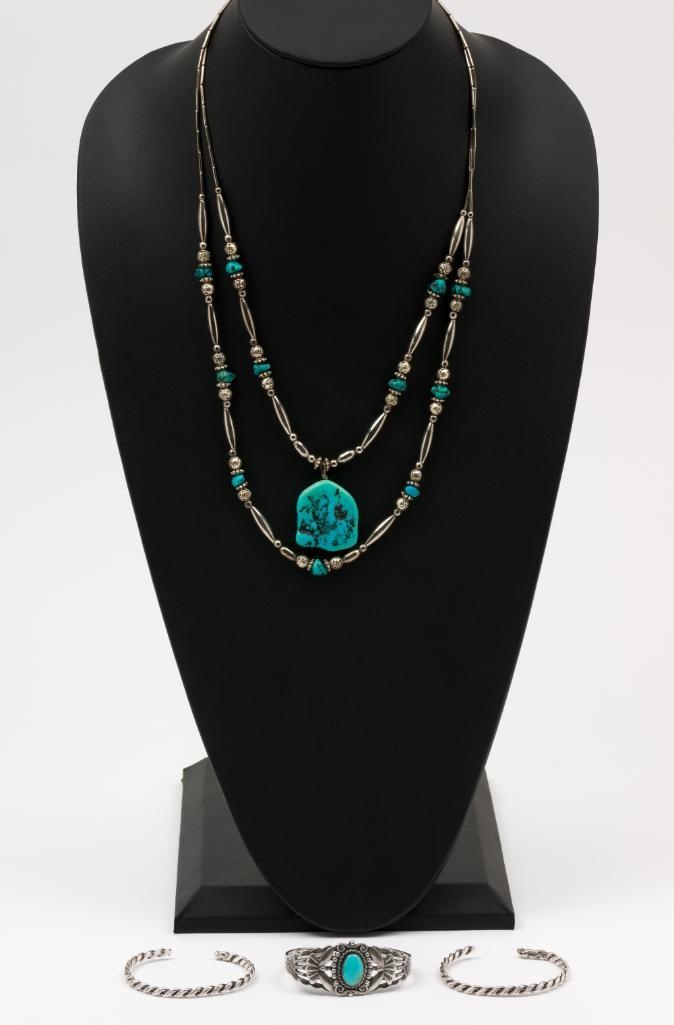 4 Pcs Native American Jewelry: Unmarked. Necklace 23" long. Bangles 2-1/4" interior diameter. MH. IMPORTANT: Before bidding, please read the terms and conditions. When you registered for the auction you agreed to these terms and wi