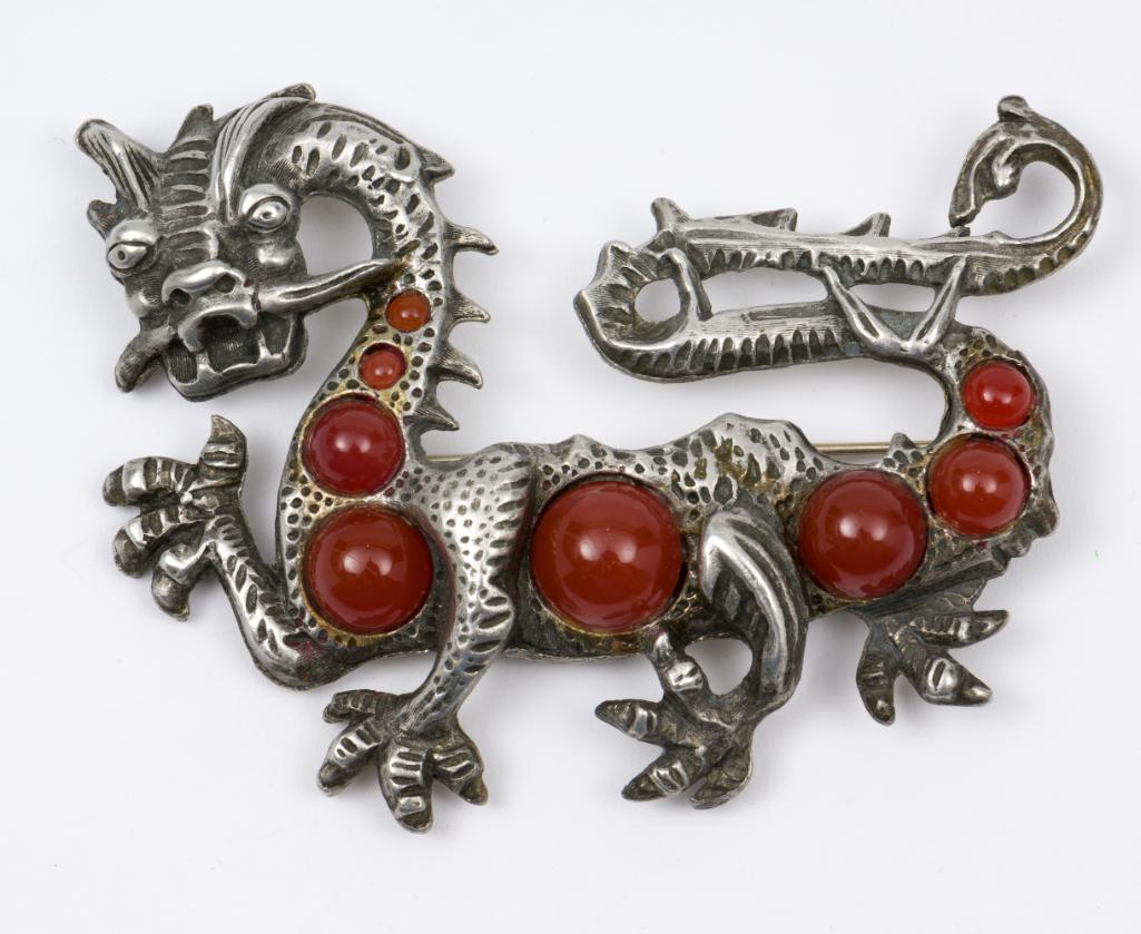 Little Nemo Metal Dragon Brooch: Glass cabochons. Marked LN/25. 2-1/4" high x 3" wide. MH/EK. IMPORTANT: Before bidding, please read the terms and conditions. When you registered for the auction you agreed to these terms and will be 