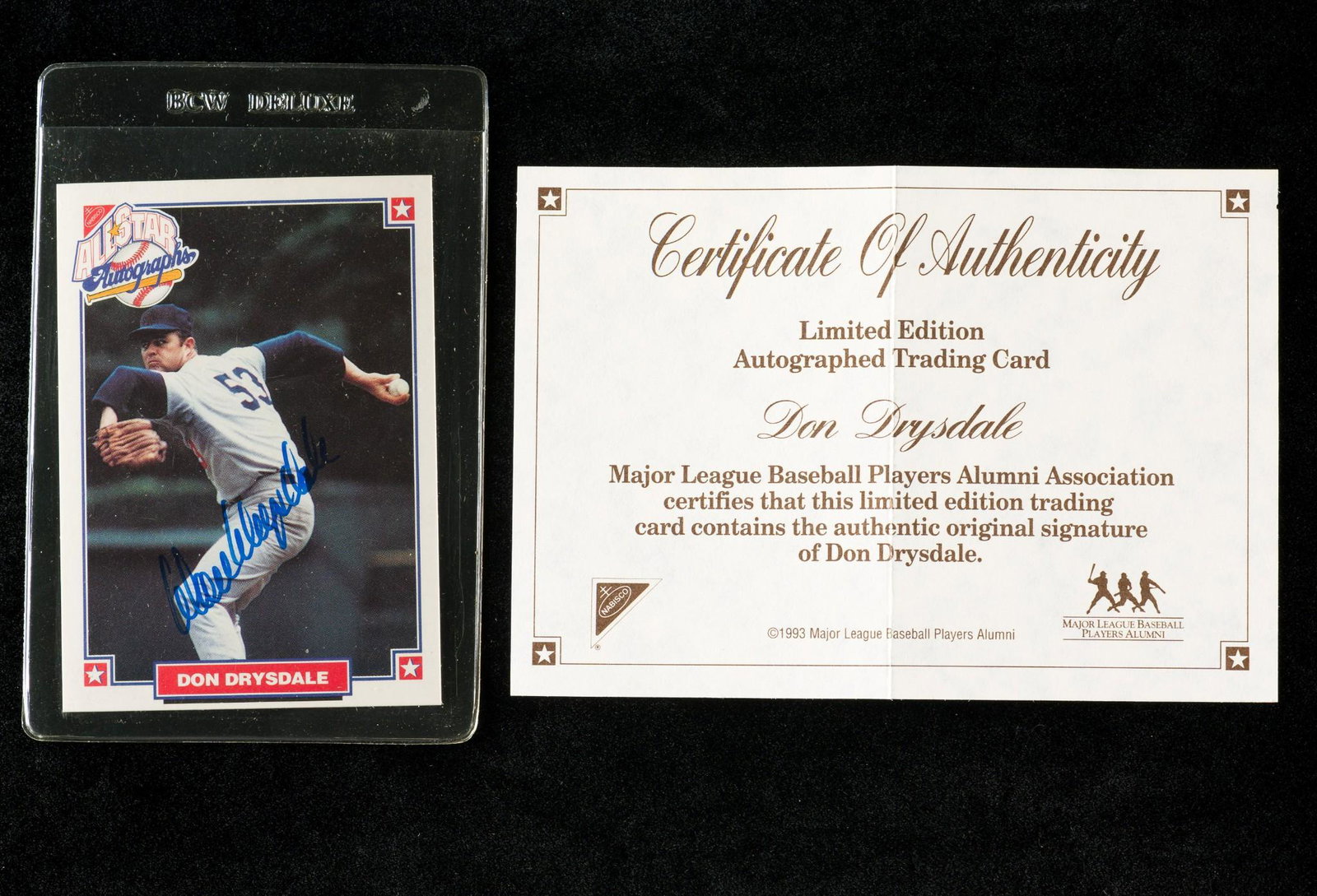 1993 M.L.B. Alumni Don Drysdale Certified Autographed Card: DESCRIPTION: Includes certificate of authenticity. KE.IMPORTANT: Before bidding, please read the terms and conditions. When you registered for the auction you agreed to these terms and will be require