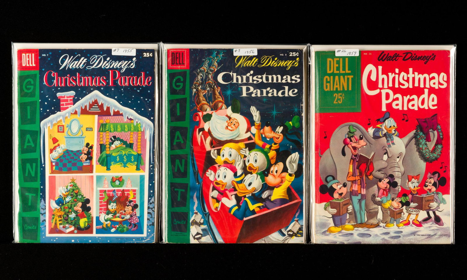 8 Walt Disney Dell Giants: Includes Walt Disney Christmas Parade, Christmas in Disneyland, Merry Christmas, and Donald Duck Merry Christmas. Various issue numbers. Some with Carl Barks art. Good or better. IMPORTANT: Before bid