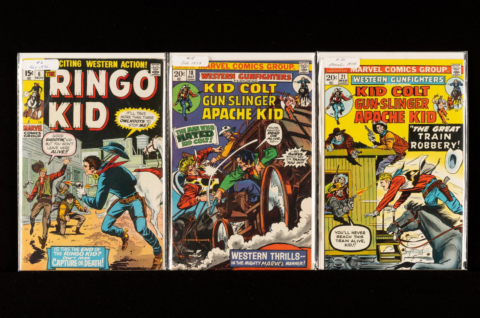 59 Marvel Comics Westerns Comics: Includes Marvel Comics Western Gun Fighters, Mighty Marvel Western, Two Gun Kid, Ringo Kid, Outlaw Kid, Rawhide Kid, and Kid Colt Outlaw, all 1970s. Fine or better. IMPORTANT: Before bidding, please r