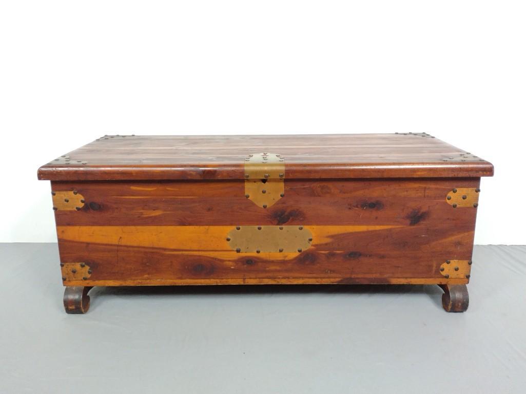 Cedar Chest: 45" wide X 20" deep X 16-1/2" high. Has some scratches and finish loss. Back has a crack by hinge. MG. IMPORTANT: Before bidding, please read the terms and conditions. When you registered for the auct