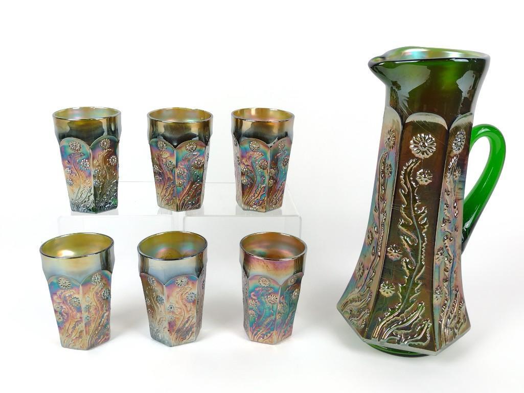 7 Pcs Emerald and Amethyst Dandelion Carnival Glass Water Set (1 of 6)