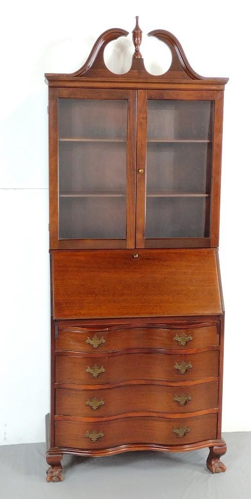 Secretary Desk: 31-1/2" wide X 16-1/2" deep X 78" high. Some finish loss to feet. MG. IMPORTANT: Before bidding, please read the terms and conditions. When you registered for the auction you agreed to these terms and