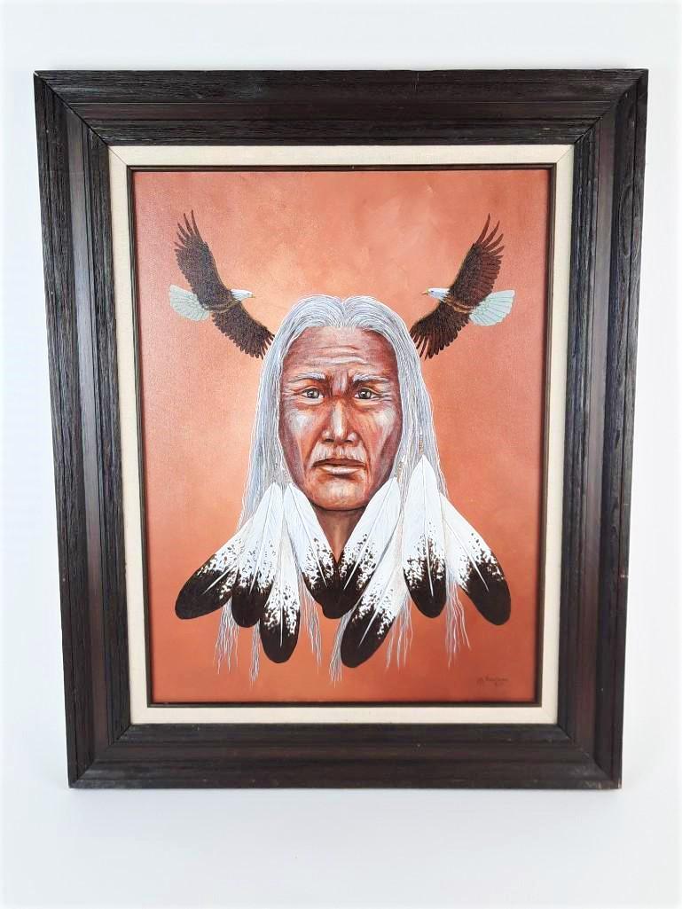 Ann Irons Indian and Eagles Painting: Overall with frame 31-1/4" high x 25-1/4" wide. LR IMPORTANT: Before bidding, please read the terms and conditions. When you registered for the auction you agreed to these terms and will be required t