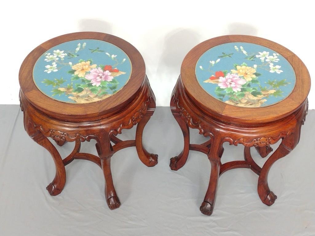 Pair Of Cloisonne Topped Side Tables: Each 17" diameter X 20" high. MG. IMPORTANT: Before bidding, please read the terms and conditions. When you registered for the auction you agreed to these terms and will be required to comply with the