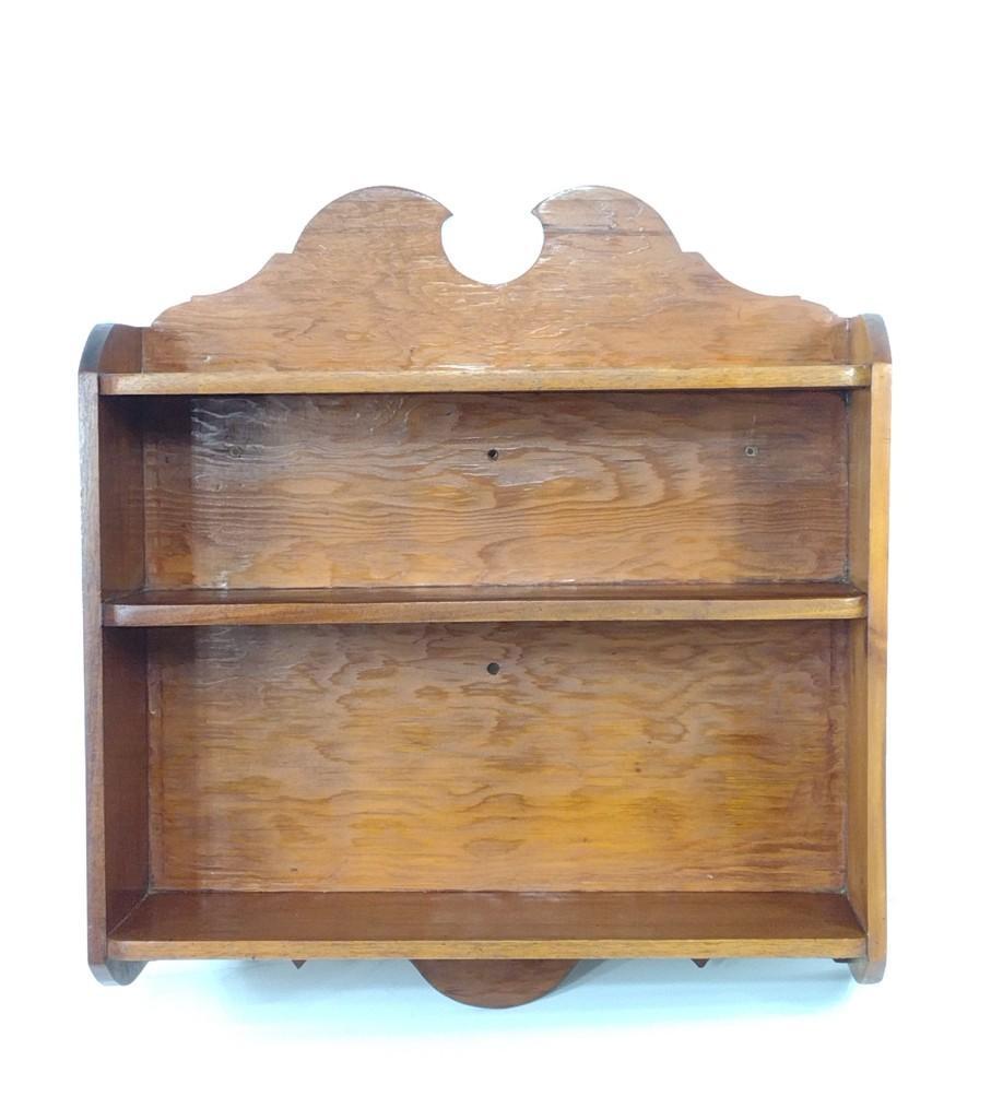 Wood Wall Shelf: 23" wide X 7" deep X 26" high. Has some scratches and discoloring. MG. IMPORTANT: Before bidding, please read the terms and conditions. When you registered for the auction you agreed to these terms an