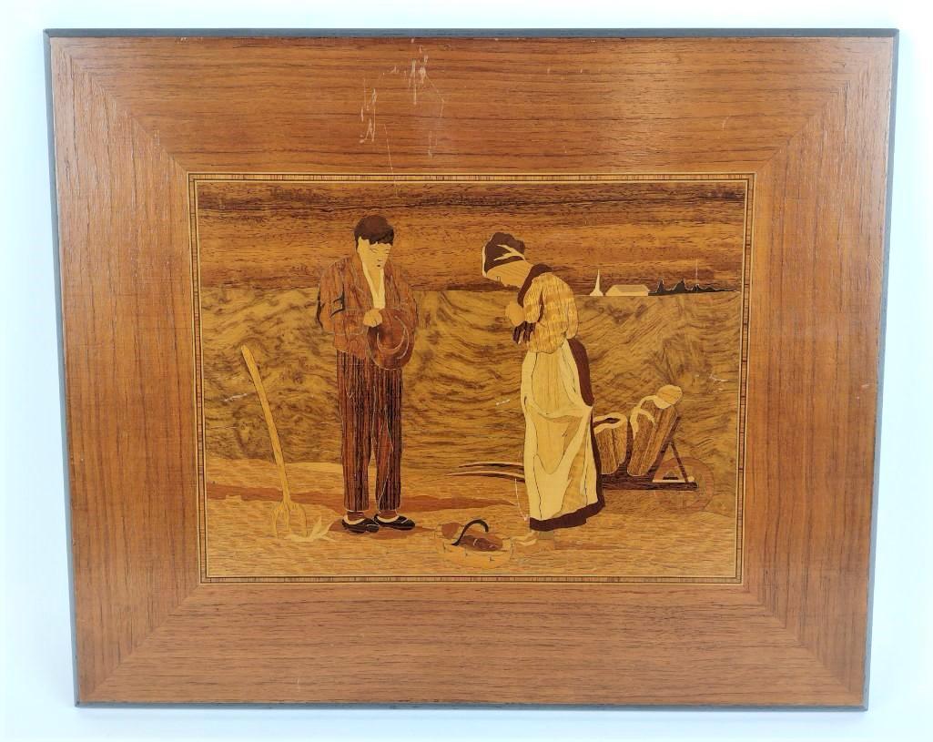 "The Angelus" Figural Inlaid Wood Panel: 13-1/4" high X 16" wide. Some surface scratches. DM IMPORTANT: Before bidding, please read the terms and conditions. When you registered for the auction you agreed to these terms and will be required