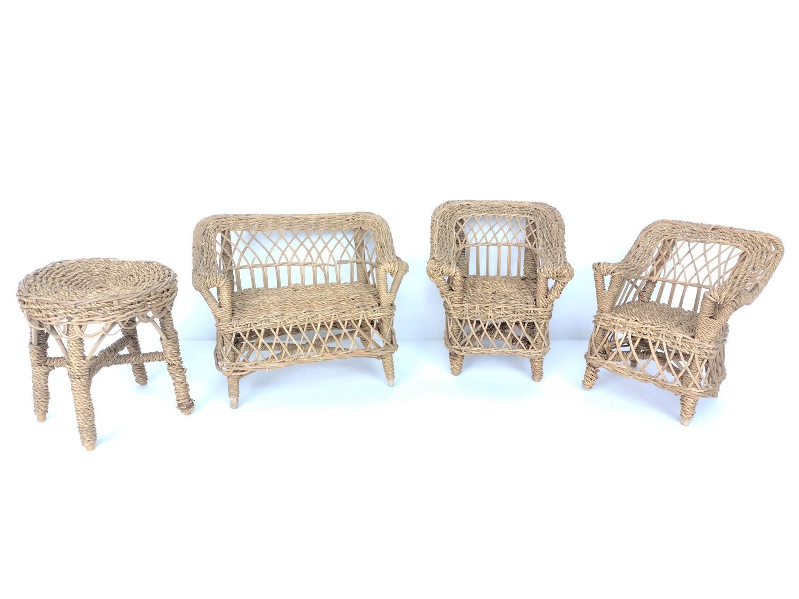 4 Pcs Wicker Miniature Furniture: Chairs 6-1/4" wide X 5-1/2" deep X 6-1/2" high. Loveseat 9" wide X 6-1/2" deep X 6-1/2" high. Table 5-1/2" diameter X 5-1/2" high. MG. IMPORTANT: Before bidding, please read the terms and conditions. 