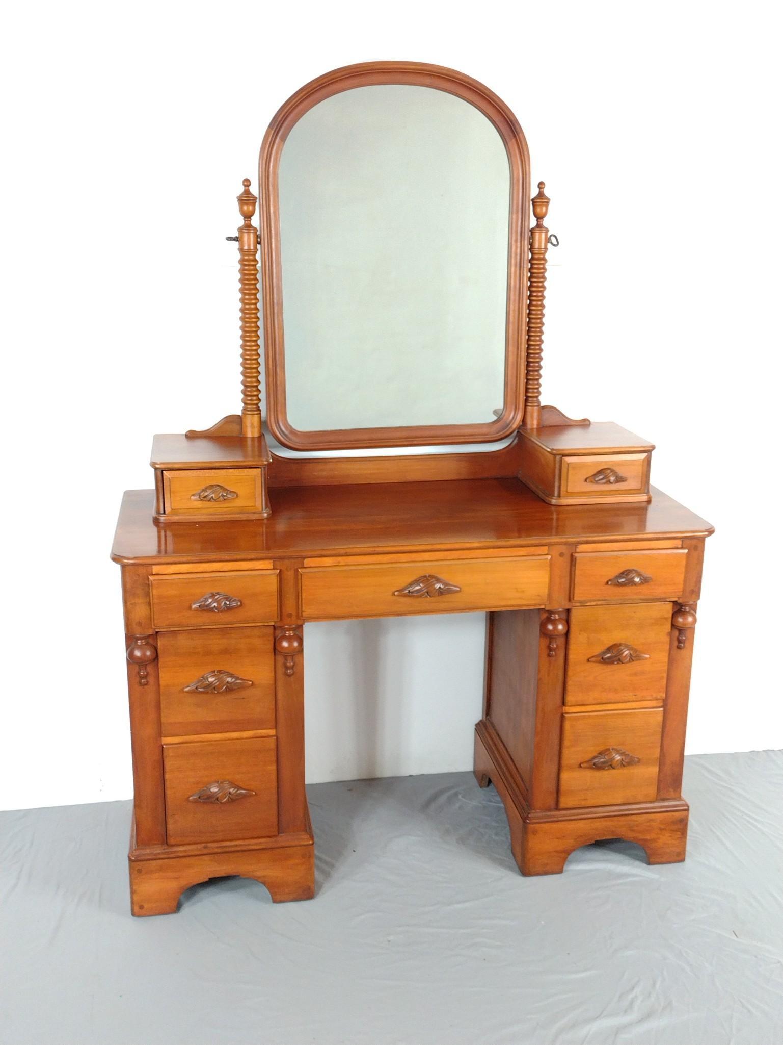 Dressing Table with Mirror: Mirror with spindle sides. 46" wide X 18" deep X 64" high. MG. IMPORTANT: Before bidding, please read the terms and conditions. When you registered for the auction you agreed to these terms and will b