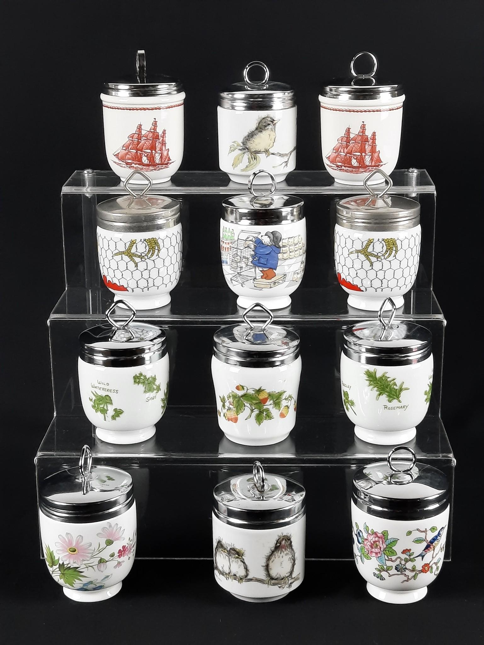 12 Egg Coddlers incl Wedgwood: Also includes Herb Garden, Taste Setters, Enesco, Aynsley, Crown Staffordshire and Coalport. 2-1/2" diameter x 4" to 4-1/2" high. LR IMPORTANT: Before bidding, please read the terms and conditions. Wh