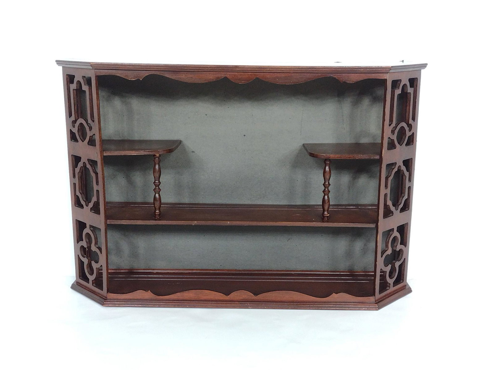Wall Shelf: 28-1/2" wide X 6-1/2" deep X 19" high. Some finish losses. MG. IMPORTANT: Before bidding, please read the terms and conditions. When you registered for the auction you agreed to these terms and will b