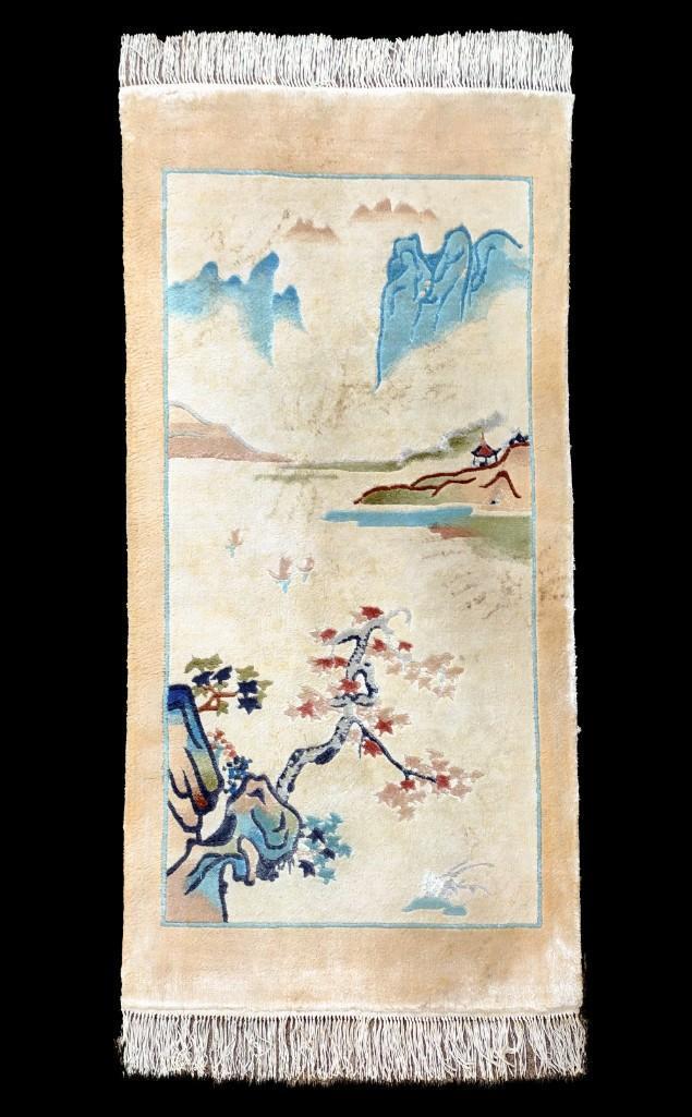 Chinese Area Rug: Circa 1970s. Chinese hand-knotted rug with pictorial scene. 2' wide X 4' long. Has some spots of discoloring. MG. IMPORTANT: Before bidding, please read the terms and conditions. When you registered f