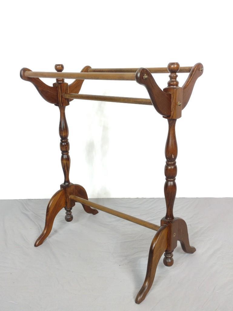 Towel Rack: 23-1/2" wide X 14-1/2" deep X 30-1/2" high. Has a few scratches. MG. IMPORTANT: Before bidding, please read the terms and conditions. When you registered for the auction you agreed to these terms and 