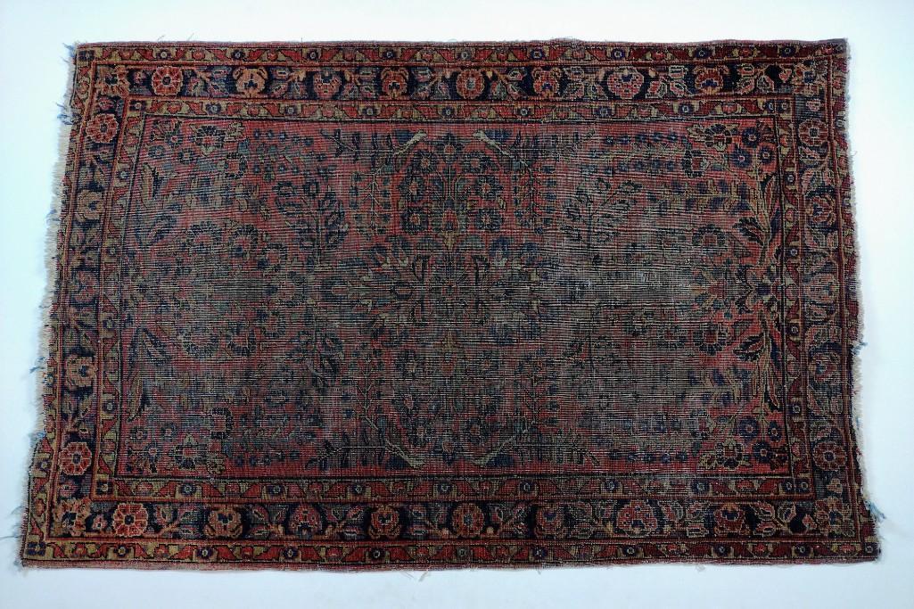 Persian Sarouk Area Rug: Circa 1950s. Curling floral motifs. 3'3" wide X 5'1" long. Edges are starting to fray. Has discoloring and some losses. MG. IMPORTANT: Before bidding, please read the terms and conditions. When you re