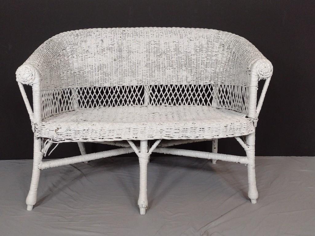 Wicker Settee: 45-3/4" wide X 26-1/2" deep X 33-1/2" high. Has some paint loss and some damage to front of seat. MG. IMPORTANT: Before bidding, please read the terms and conditions. When you registered for the aucti