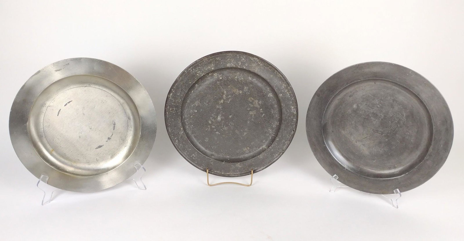3 - 15" English Pewter Chargers: Includes Birch & Villers, W. Coweld Crown Rose, and indecipherable mark. DM IMPORTANT: Before bidding, please read the terms and conditions. When you registered for the auction you agreed to these ter