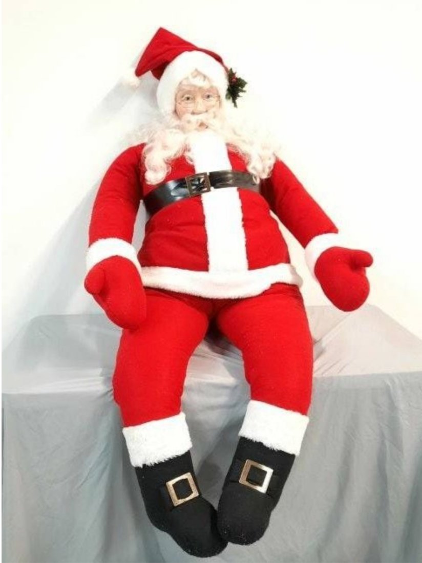 5'5" Plush Santa Claus: 5'5" long. Some wear to belt. LR IMPORTANT: Before bidding, please read the terms and conditions. When you registered for the auction you agreed to these terms and will be required to comply with
