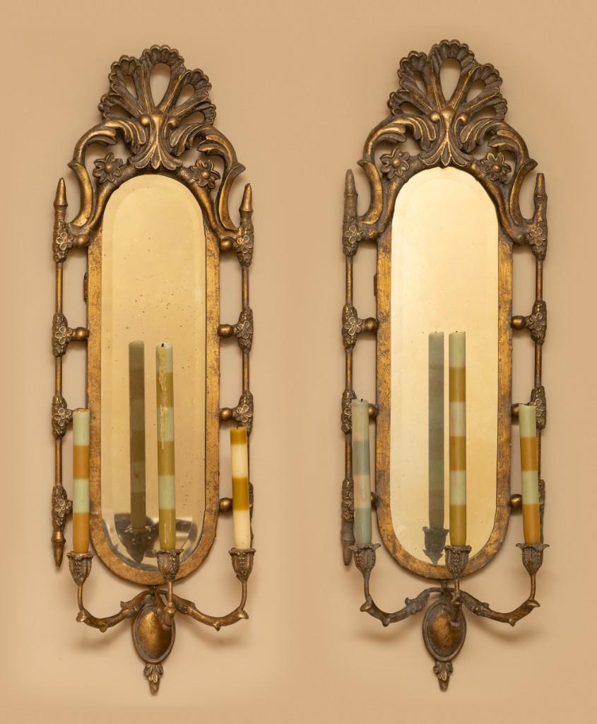 Pair Gilded and Beveled Mirrored 3 Light Candle Sconces (1 of 5)