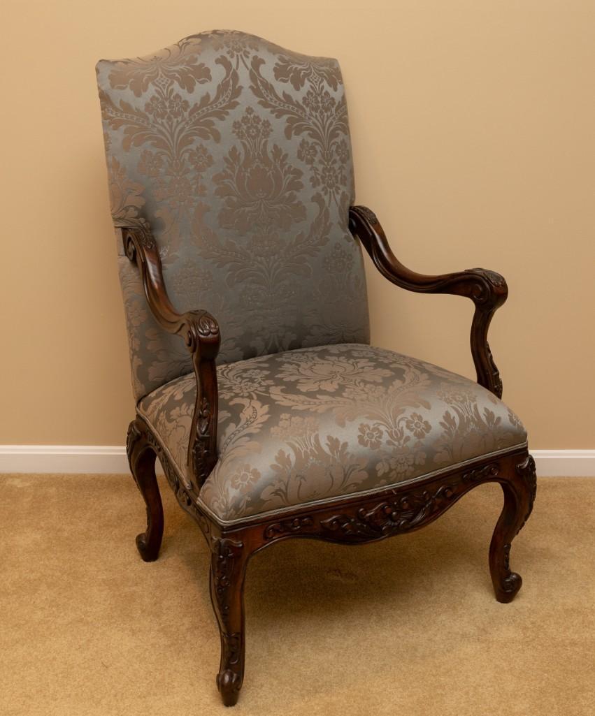 Henredon Arm Chair with Damask Silk Upholstery: Carved arms. 30" wide x 28-1/2" deep x 46" high. LR / WP IMPORTANT: Before bidding, please read the terms and conditions. When you registered for the auction you agreed to these terms and will be requ