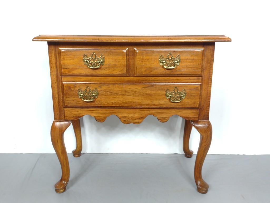 Thomasville Low Boy: 29" wide X 17" deep X 27-1/2" high. Has scratches at top front edge. MG. IMPORTANT: Before bidding, please read the terms and conditions. When you registered for the auction you agreed to these terms