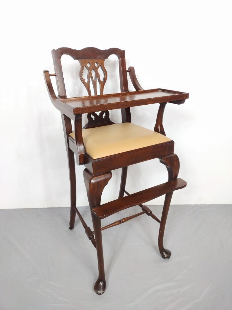 Chippendale Style High Chair: 19" wide X 17" deep X 38-1/4" high. Has repair to leg. MG. IMPORTANT: Before bidding, please read the terms and conditions. When you registered for the auction you agreed to these terms and will be re