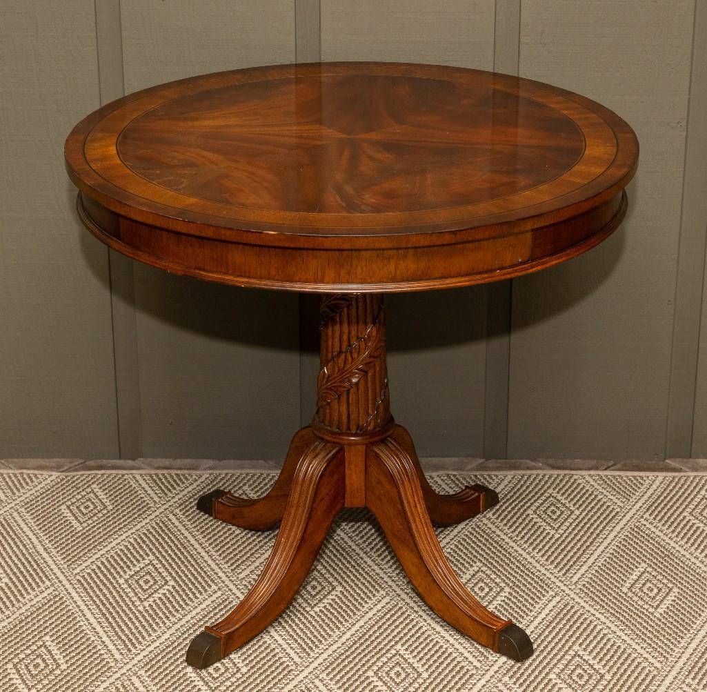 Mahogany Splay Leg Drum Table: 30" diameter x 26-3/4" high. LR / WP IMPORTANT: Before bidding, please read the terms and conditions. When you registered for the auction you agreed to these terms and will be required to comply with