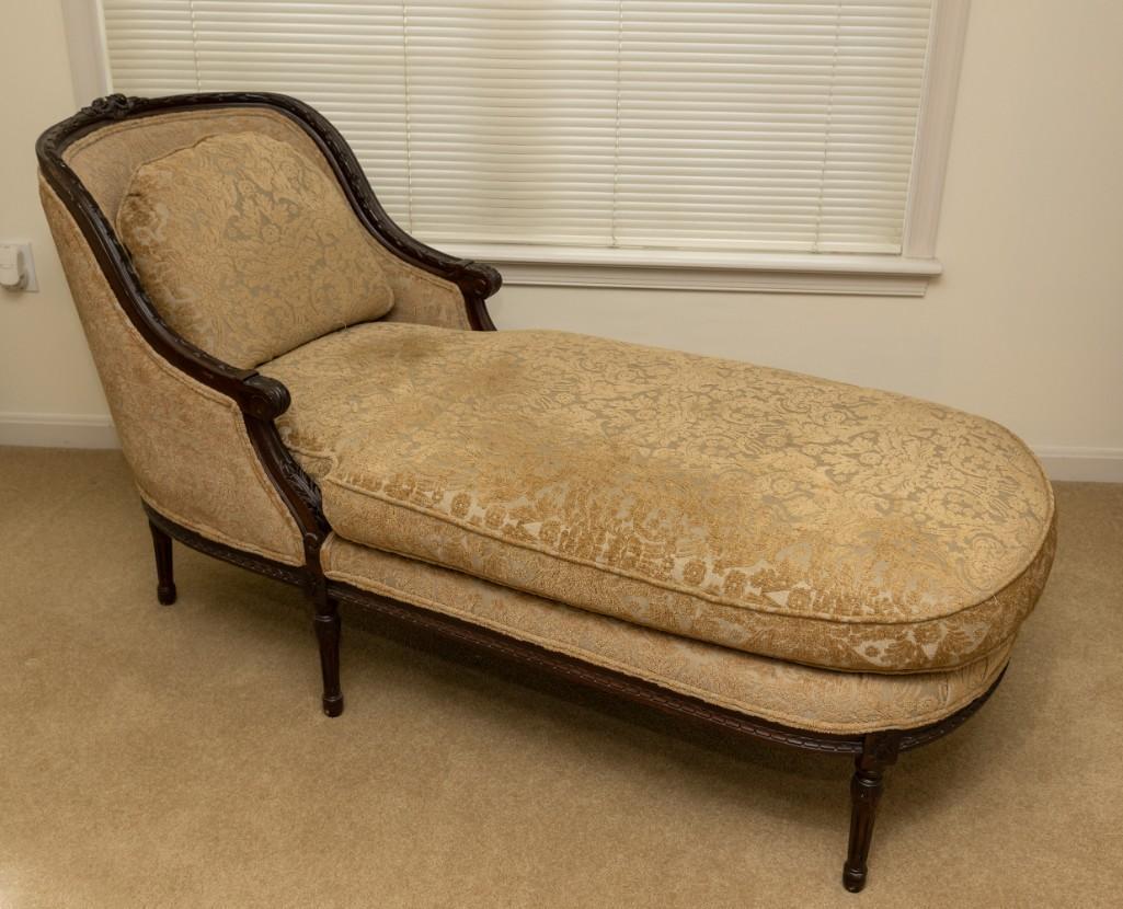 Chaise Lounge: No manufacturers markings. 28" wide x 60" deep x 34-1/2" high. Some losses to wood frame. LR / WP IMPORTANT: Before bidding, please read the terms and conditions. When you registered for the auction y