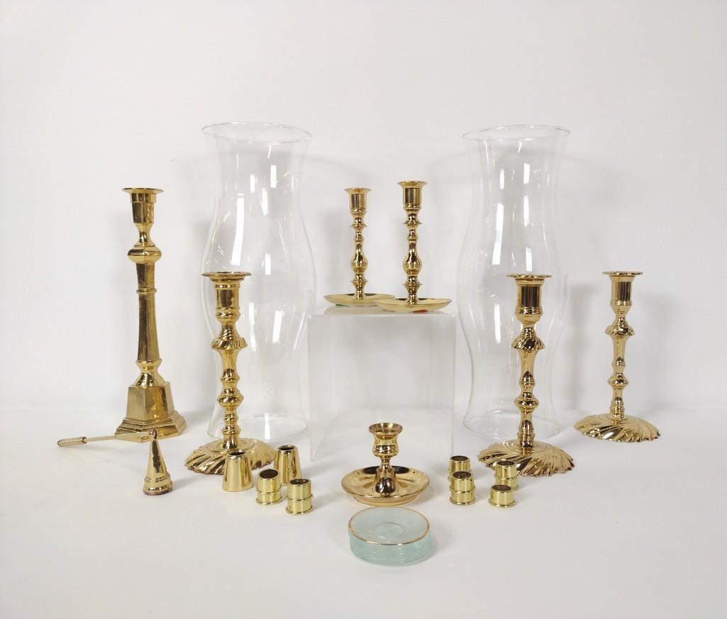 7 Brass Candle Sticks & Pr Hurricane Shades (1 of 12)
