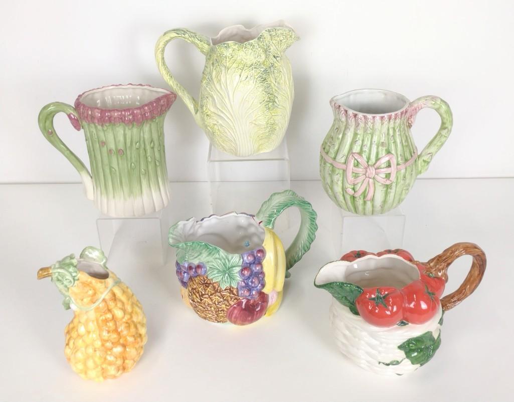 6 Fitz & Floyd Fruit/Vegetable Decorated Ceramics: 4-1/2" to 9-1/2" wide x 6-3/4" to 9" high. RM