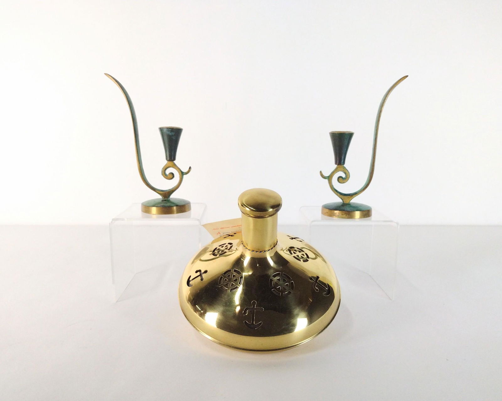 Brass Captains Decanter and Pr of Candle Holders (1 of 4)