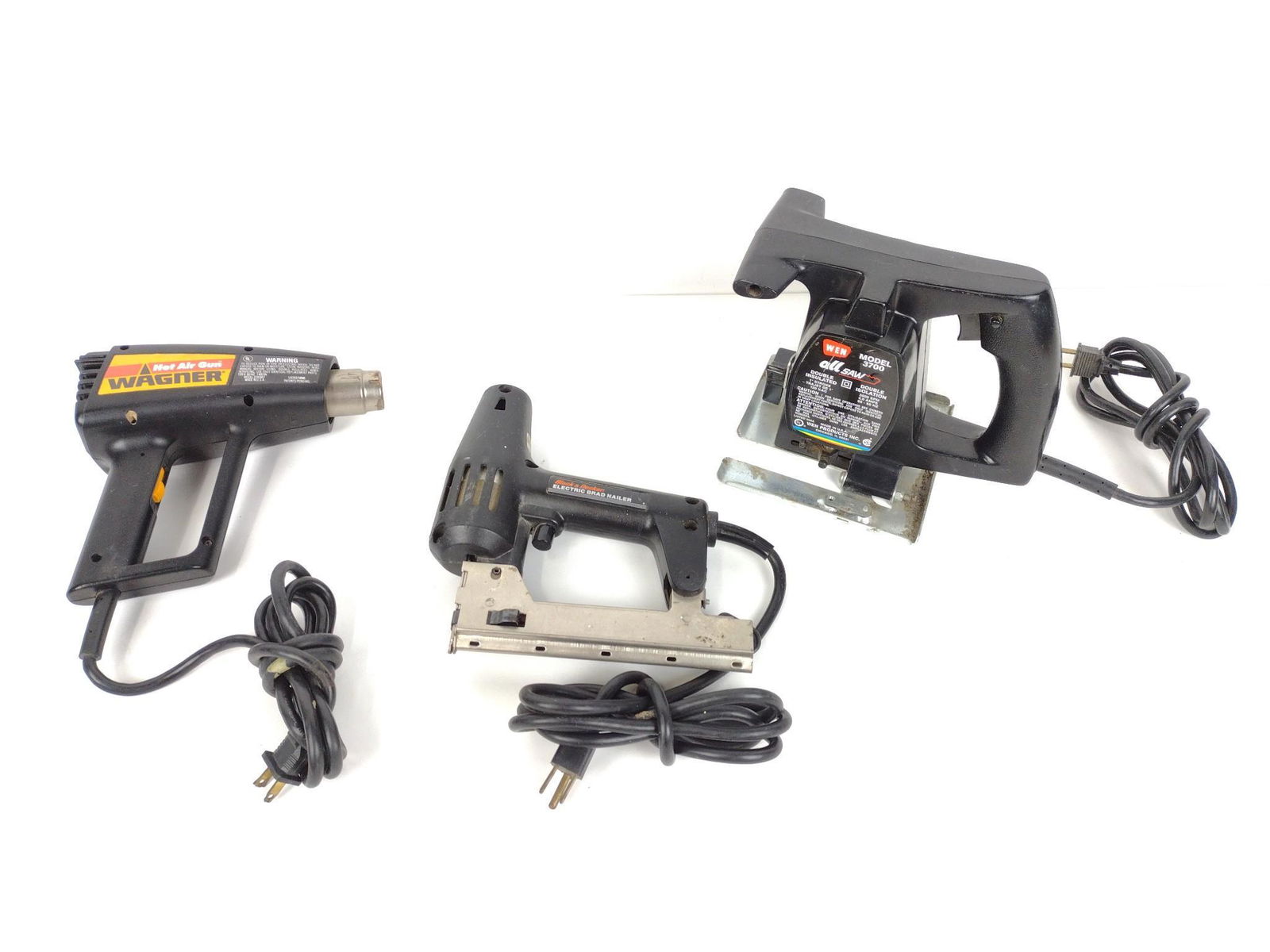 3 Power Tools Incl Wen All Saw: All Saw model 3700, Wagner hot air gun, Black & Decker electric Brad nailer. All working. MG. IMPORTANT: Before bidding, please read the terms and conditions. When you registered for the auction you a