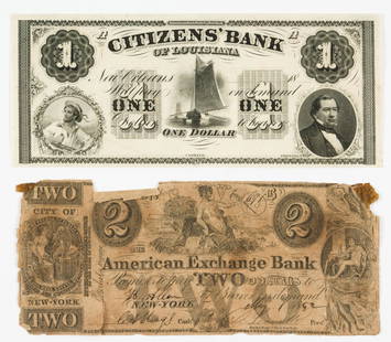 2 Obsolete Currency Notes: Includes $2 American Exchange Bank of New York note dated 1852 and $1 Citizens' Bank of Louisiana note. New York note with tears, losses, folds and creases. Louisiana note with creases. RM IMPORTANT: