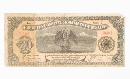 1914 Ejercito Constitucionalista De Mexico 20 Pesos: Series D. Folds and creases. RM IMPORTANT: Before bidding, please read the terms and conditions. When you registered for the auction you agreed to these terms and will be required to comply with them.