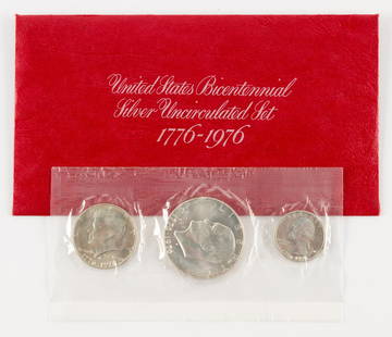 1976 U.S. Bicentennial Silver Uncirculated Set: Includes one dollar, half dollar and quarter struck in 40% silver. KE. IMPORTANT: Before bidding, please read the terms and conditions. When you registered for the auction you agreed to these terms an