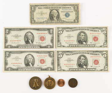 9 U.S. Items Incl 1957-A $1 Silver Certificate: Also includes 1841 Large cent (good condition), 1953-A and 1963 $2 red seal notes, two 1963 $5 red seal notes, 1976 Liberty Bell Bicentennial Medal, 1974 Centennial medal for Hummelstown PA and copper