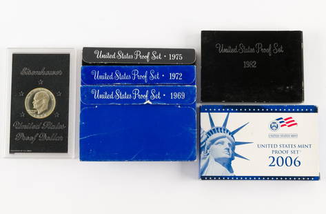 5 U.S. Proof Sets & 1974 Proof Eisenhower Dollar: Includes 1974 Proof Eisenhower Dollar struck in 40% silver. Also includes proof sets for 1969, 1972, 1975, 1982 and 2006. 1969 set includes Kennedy half dollar struck in 40% silver. KE. IMPORTANT: