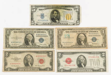 5 Pcs U.S. Currency Incl 1934-A $5 N. Africa Note: Also includes 1935-E and 1935-F $1.00 silver certificates and 1928-G and 1953 red seal notes. KE. IMPORTANT: Before bidding, please read the terms and conditions. When you registered for the auction