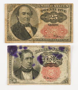 2 Pcs U.S. Fractional Currency: Includes 10 and 25 cent fractional currency from 1874. Some creases and stains. KE. IMPORTANT: Before bidding, please read the terms and conditions. When you registered for the auction you agreed to t